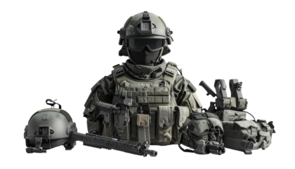 Detailed depiction of a military uniform and equipment displayed on a black background, showcasing the helmet, vest, and other gear; composition features a dramatic, -style presentation emphasizing...