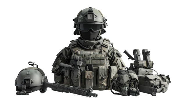 Detailed depiction of a military uniform and equipment displayed on a black background, showcasing the helmet, vest, and other gear; composition features a dramatic, -style presentation emphasizing... - Powered by Adobe