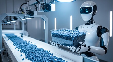 A humanoid robot with artificial intelligence sorts fresh blueberries on a conveyor belt in a modern food processing factory.