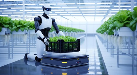 A humanoid robot works in a futuristic vertical farm, placing a crate of fresh lettuce onto an autonomous mobile robot.