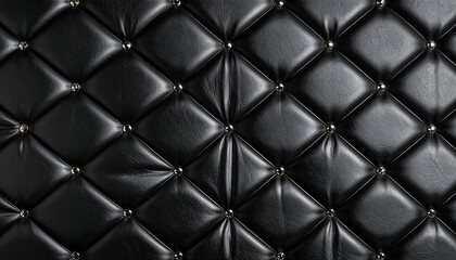 Naklejka premium Close-up view of a quilted, black leather surface with diamond-shaped patterns and golden stud details, creating a luxurious texture