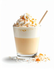 A short glass of light-colored beverage, topped with whipped cream, crumbles, and a straw. Scattered crumbles on the white surface. A sweet, fancy drink.