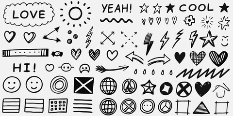Collection of hand drawn doodle icons and symbols including hearts stars lightning bolts arrows and smiley faces