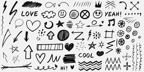 Collection of hand drawn black doodle elements including hearts stars arrows and text on white background