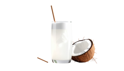 Refreshing beverage is presented in a tall glass, featuring a light, milky liquid and a brown straw, accompanied by a halved tropical fruit against a stark, dark background for a contrasting visual...