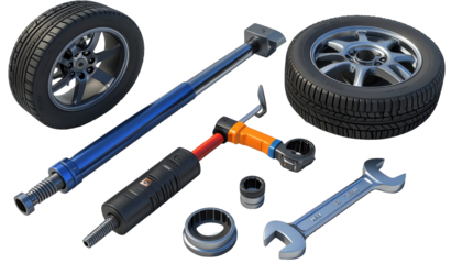 Detailed illustration shows a diverse collection of automobile tools and tires arranged on a black background.
