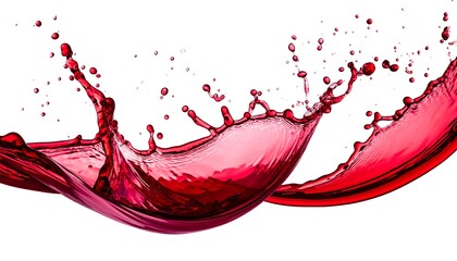 Dynamic splash of ruby red liquid, likely wine, against a stark white background. Capturing the fluid motion of the splash with intricate detail