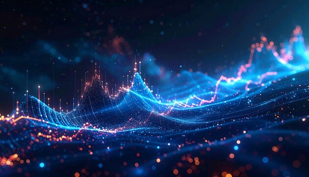 Abstract digital depiction of fluctuating data visualization, showing vibrant blue and orange lines and dots against a dark background