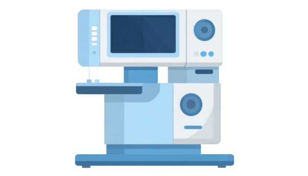 Illustrative representation of a medical device featuring a screen and control panels, displayed in shades of blue and white against a black background, symbolizing healthcare equipment in a clinical.