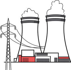 Minimalist line art illustration of nuclear power plant with cooling towers, electricity pylon, energy generation, industrial infrastructure, eco design