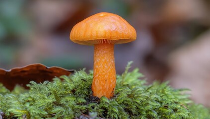Bright orange mushroom atop green moss, forest backdrop