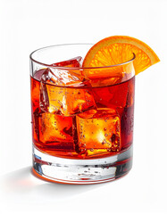 A glass of vibrant red/orange cocktail (like Negroni or Old Fashioned) with large ice cubes, garnished with an orange slice. Isolated on white.