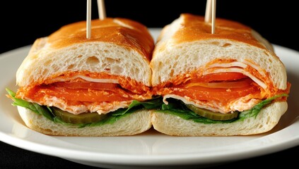 Sliced sandwich greens, meats, cheese on crusty white bread