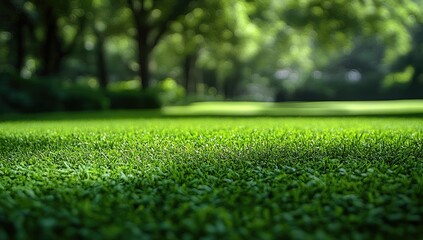 Lush green lawn under blurry trees