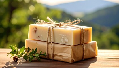 Stacked soap bars, tied with twine