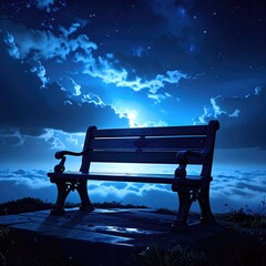 Bench at night with cloudy moonlit sky