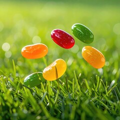 Colorful candy floating above green grass