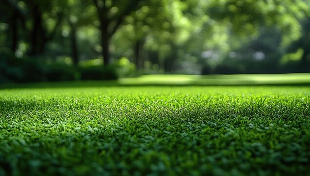 Lush green lawn under blurry trees