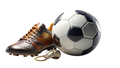 An eye-level composition displays a soccer ball alongside a brown and yellow soccer shoe and a gold-colored whistle, all resting against a stark black background for a clean, isolated presentation...