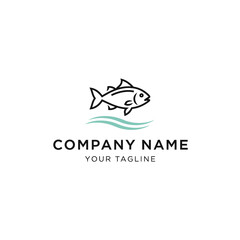 Minimalist fish logo design with waves for company branding.