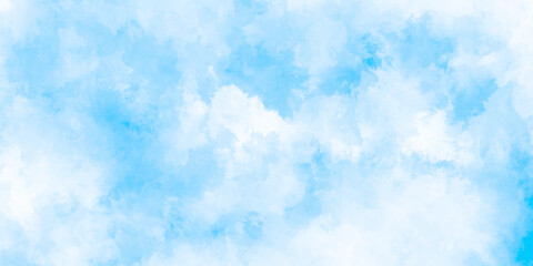 Abstract background with panorama of blue sky and white cloud nature design. horizon spring morning sky with clouds background. hand painted watercolor shades sky clouds.
