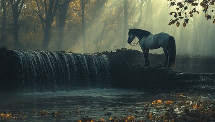 Horse by waterfall, soft autumn light, serene scene