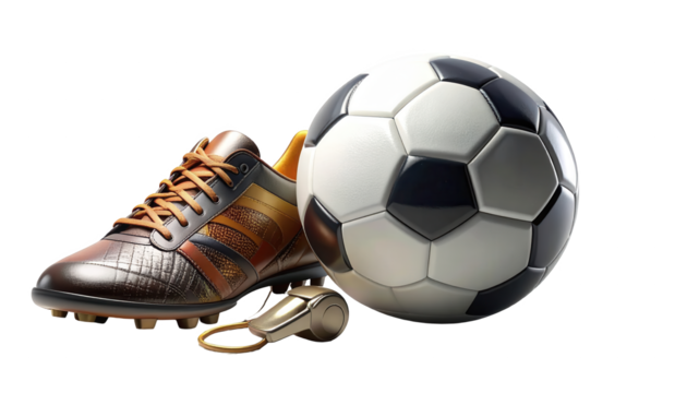 An eye-level composition displays a soccer ball alongside a brown and yellow soccer shoe and a gold-colored whistle, all resting against a stark black background for a clean, isolated presentation...