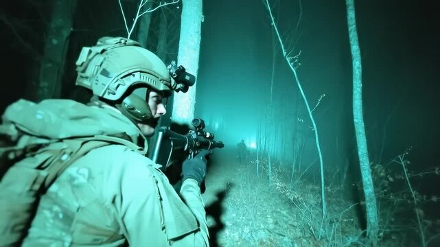 Nighttime forest operation with soldiers in tactical gear advancing with rifles under green infrared light.