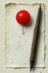 Red pin, handmade paper, and aged pencil arrangement