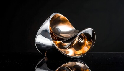 Sculptural bowl with polished silver exterior and warm gold interior, reflective surface on a dark background