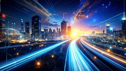 Futuristic cityscape with glowing trails depicting advanced connectivity and urban networks - Powered by Adobe