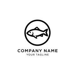 Black and white logo featuring a fish inside a circle, with company name and tagline.