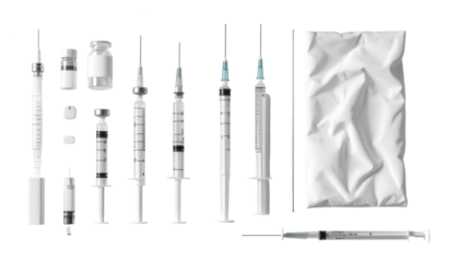 Array of medical syringes and related supplies arranged on a stark black backdrop, capturing the equipment used for injections, emphasizing the details of the tools, accompanied by ampoules and a...