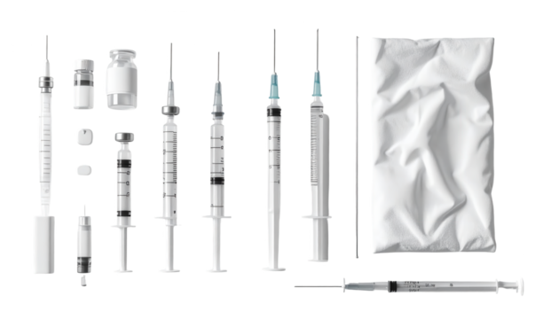 Array of medical syringes and related supplies arranged on a stark black backdrop, capturing the equipment used for injections, emphasizing the details of the tools, accompanied by ampoules and a...