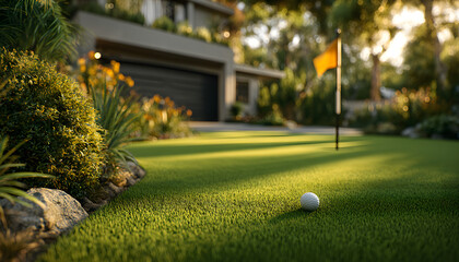 Beautifully manicured golf putting green in sunny residential yard. Features smooth bright green turf, flag, surrounding grass, landscaping, modern house, garage. Perfect for backyard recreation,
