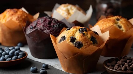 An enticing display of assorted muffins paired with fresh blueberries and chocolate chunks, highlighting the deliciousness of baked goods and their visual appeal in culinary photography.