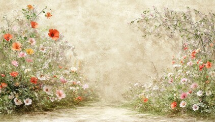 Floral garden, wall textured, soft focus, path invites you