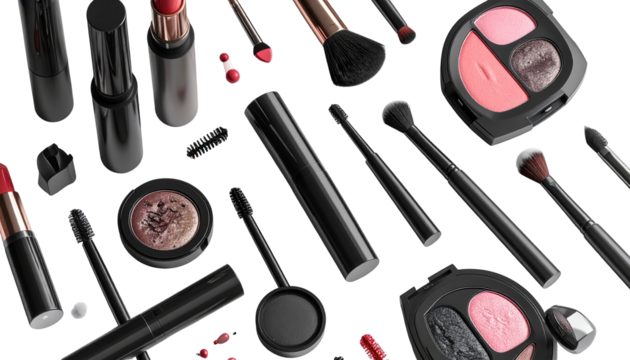 Assortment of various makeup items is arranged on a stark black background, showcasing an array of cosmetic products including lipstick, eyeshadow, mascara, and brushes, forming a stylish and...