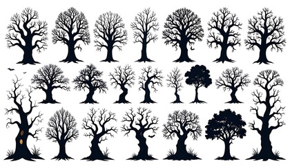 Twenty-two silhouettes of bare trees, ranging in size and shape, ideal for Halloween or spooky design projects