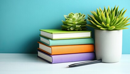 Stacked books with succulents and pen against teal backdrop
