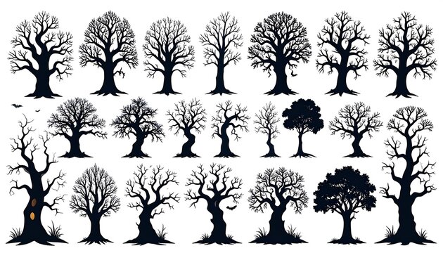 Twenty-two silhouettes of bare trees, ranging in size and shape, ideal for Halloween or spooky design projects