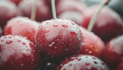 Wet, ripe cherries glistened, clustered close