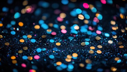 Blurred colorful dots scatter across a dark, textured surface
