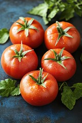 Ripe tomatoes, leaves on mottled blue ground