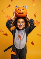 Happy black boy in cat costume holding pumpkin above head, yellow background, autumn leaves falling.
Happy Halloween