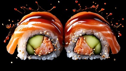 Sushi rolls, salmon draped, sauce splashing