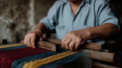 An artisan skillfully weaves colorful threads on a loom, emphasizing the beauty of craftsmanship and tradition in textile production with intricate patterns and textures.