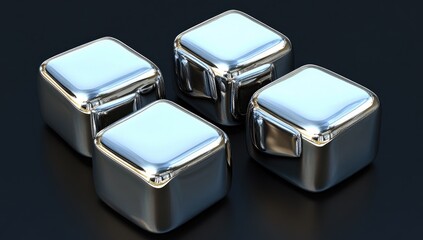 Four chrome cubes, rounded edges, reflect light attractively