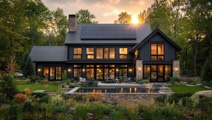 Modern house with pool reflecting golden sunset