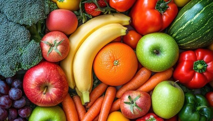 Abundant fresh fruit & veggies in bright top-down studio shot